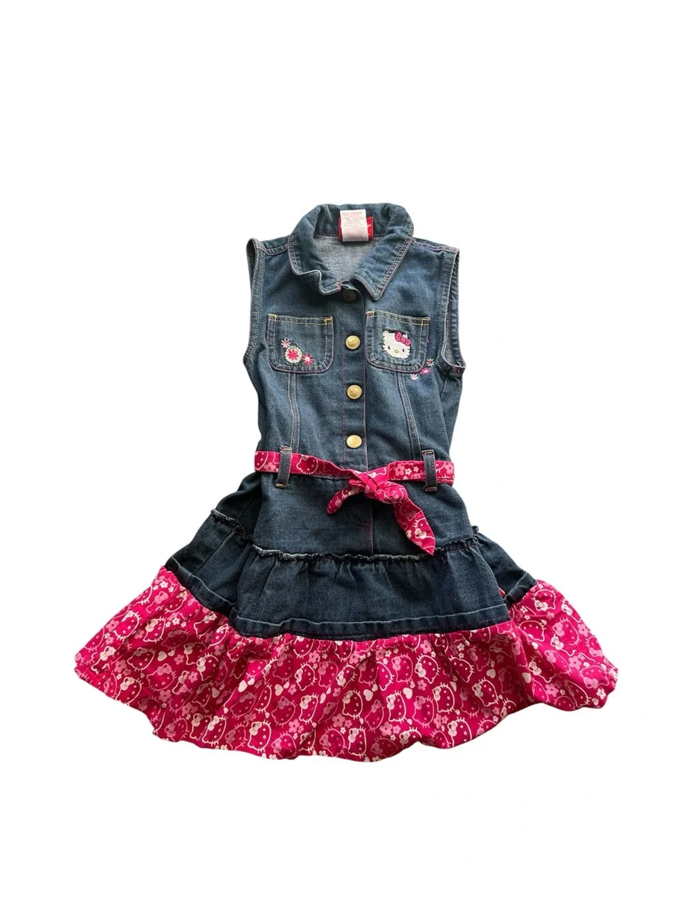 Sanrio Hello Kitty Denim Dress Girls SZ 6 Ruffle Hem Pink Belt Kawaii y2k